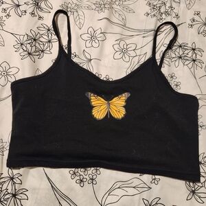 SHEIN Black Cropped Cami with Yellow Butterfly